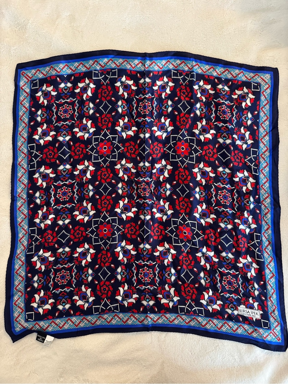 Navy & Red Floral 100% Silk Scarf - made in Turkey